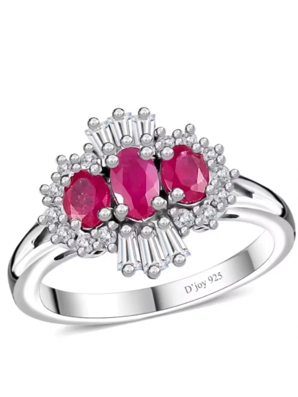 Montepuez Ruby and Moissanite Art Deco Ring in Rhodium Over Sterling Silver